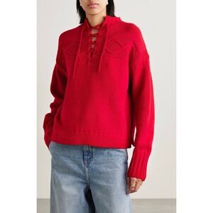 ALEX MILL Jules Lace-Up Drawstring Wool Knit‎ Sweater Solid Crimson Red Medium